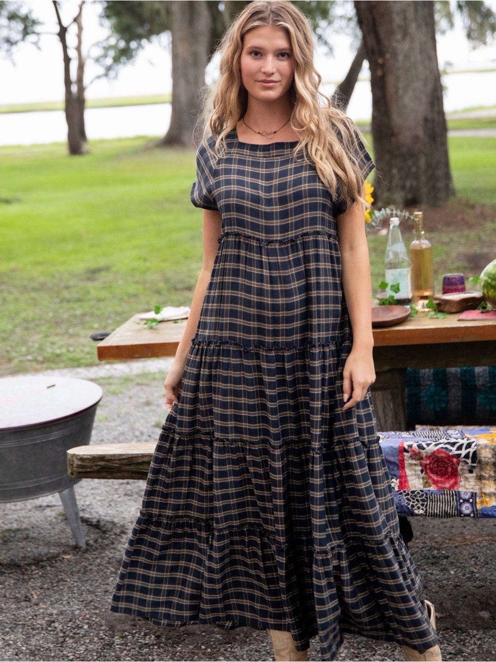 Natural Life Flannel Plaid Tiered Maxi Dress Boho Cottagecore Farmhouse Large